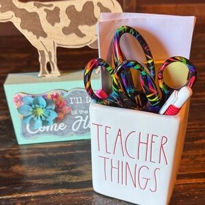 Rae Dunn Black Ceramic Holder with Multicolor Patterned Scissors/ post it notes